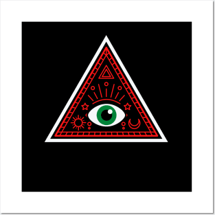 All Seeing eye - red and black with green eye Posters and Art